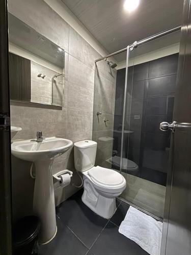 a bathroom with a toilet and a sink and a shower at Hotel Olam Confort in Villavicencio
