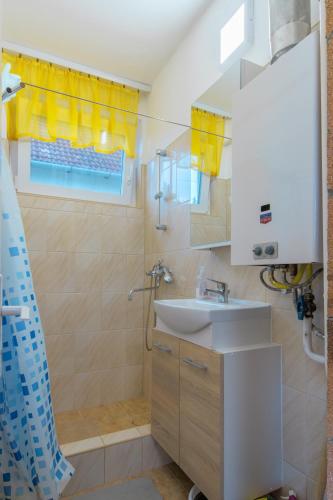 a bathroom with a sink and a shower at János Nyaraló in Balatonmáriafürdő