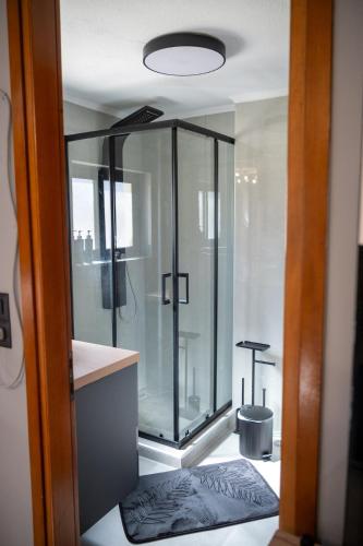a bathroom with a glass shower with a rug at Rooftop View Chios in Chios