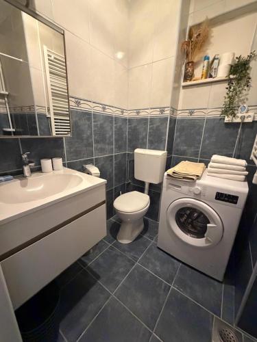 a bathroom with a toilet sink and a washing machine at Apartman Vera in Brela