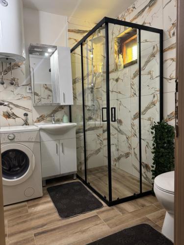 a bathroom with a shower and a washing machine at Aura Apartment Sarajevo in Sarajevo