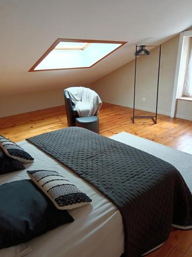 a bedroom with a large bed with a skylight at Le Mas Gabantelye in Saint-Paulet-de-Caisson