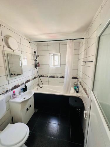 a bathroom with a tub and a toilet and a sink at Apartament Catrys in Brezoi
