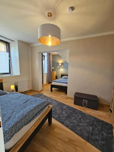 a bedroom with a bed and a large light fixture at Ferienwohnung Stella in Zülpich