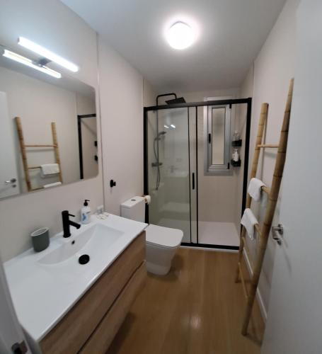 a bathroom with a sink and a toilet and a shower at Costa Canido II in Malpica