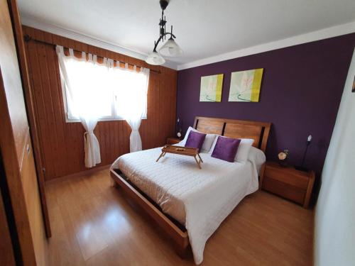 a bedroom with a bed with purple walls and a window at Villa Perdomo in Las Palmas de Gran Canaria