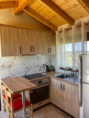 a kitchen with wooden cabinets and a table and a refrigerator at Diarla's Home in Fier