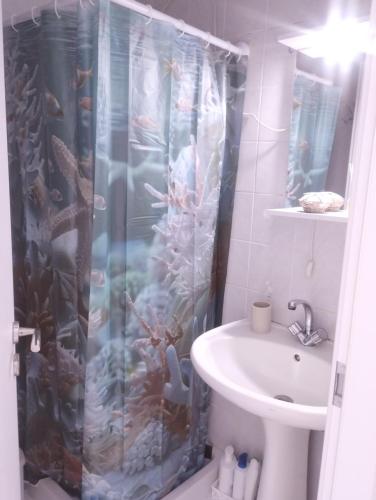 a bathroom with a shower curtain with an aquarium at Αλέξανδρος 4 in Myrina