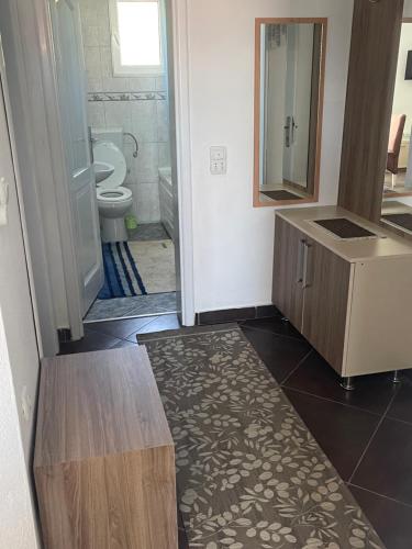 a bathroom with a sink and a toilet and a mirror at Apartmani Blu Notte in Ulcinj
