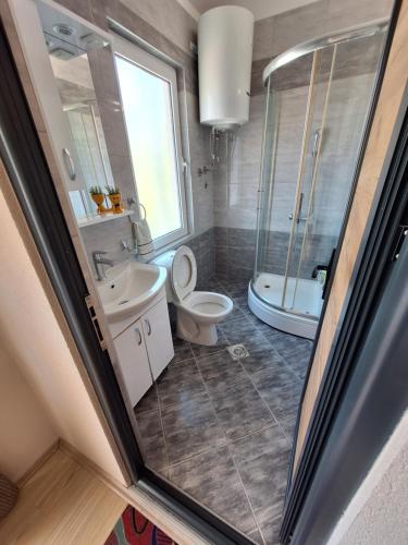 a bathroom with a toilet and a sink and a shower at Goka apartments in Gevgelija