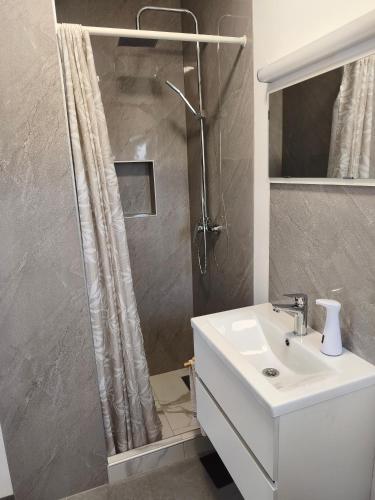 a bathroom with a shower and a white sink at Apartments Luka in Rab