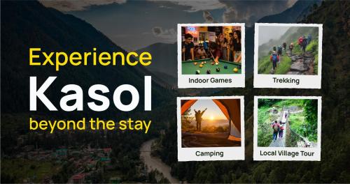 a collage of pictures with the words experience kazol beyond the sky at The Hosteller Kasol in Kasol