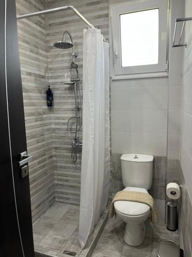 a bathroom with a toilet and a shower with a window at Amare casa in Perivólia