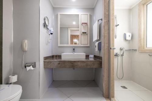 a bathroom with a sink and a toilet and a mirror at Crystal Waterworld Aqua Collection - Ultimate All Inclusive in Belek