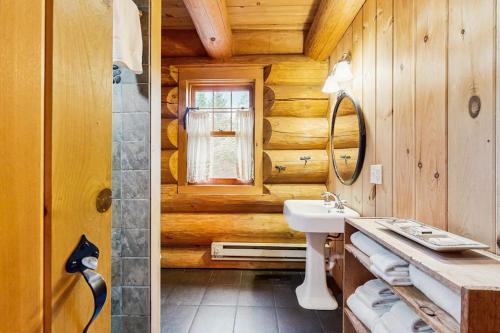 a bathroom with a sink and a mirror in a log cabin at Eaglet Log Home in Franconia