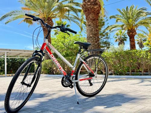 a bike is parked in front of a palm tree at Villa Pami in Almiros Beach