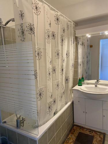 a bathroom with a sink and a shower curtain at Appartement avec balcon 6 personnes Superdévoluy in Le Dévoluy