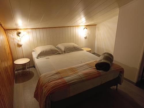 a bedroom with a bed with two tables and two lights at La grande découverte 2 in Cilaos
