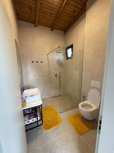 a bathroom with a toilet and a glass shower at Vila KEY-A in Borsh