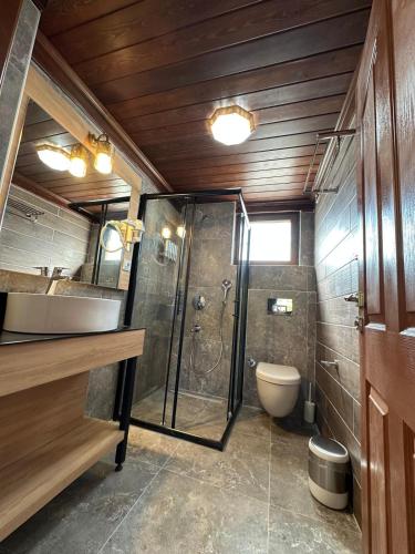 a bathroom with a shower and a toilet at Helios Kaz Dağları in Edremit