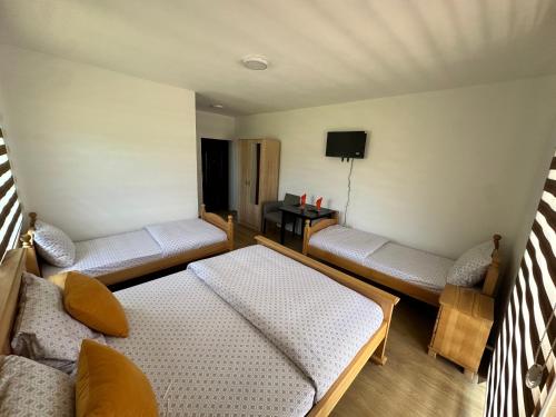 a living room with two beds and a television at Hotel River in Gusinje