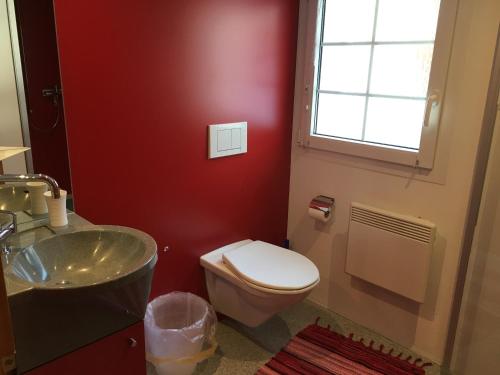a red bathroom with a toilet and a sink at Casa Gion Giusep in Sedrun