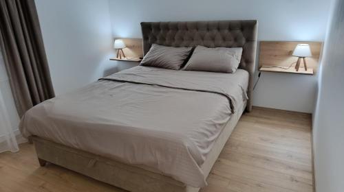 a bedroom with a large bed with two lamps at Apartman Pavlov 023 in Zrenjanin