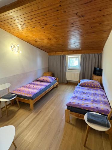 two beds in a room with wooden ceilings at Penzion U Martina in Mariánské Lázně