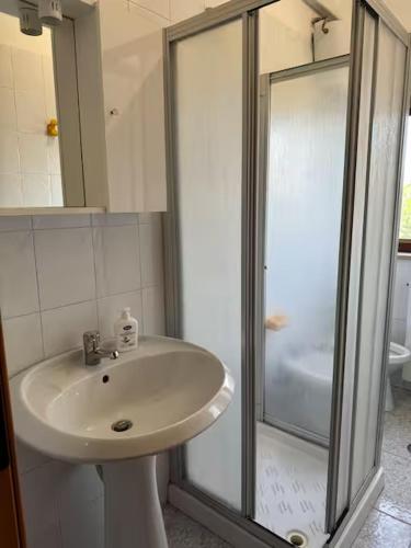 a bathroom with a sink and a shower at Agriturismo Bufaleria in Scanzano