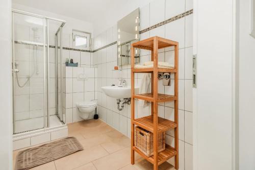 a bathroom with a shower and a toilet and a sink at Haus Teltow in Teltow