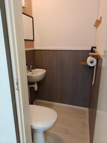 a small bathroom with a toilet and a sink at Majoitus Kulma 2 in Ilomantsi
