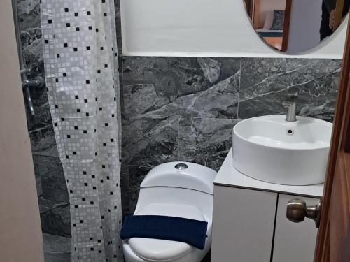 a bathroom with a toilet and a sink at Roxel Home in Baños