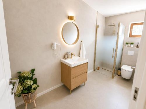 ein Badezimmer mit Waschbecken und Spiegel in der Unterkunft Ponti's Villa in Buşteni