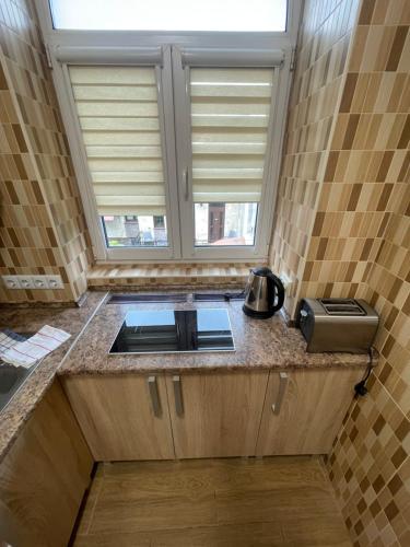 a kitchen with a counter with a sink and two windows at Euro Apartman in Debrecen