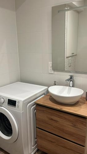 a bathroom with a washing machine and a sink at Charmant studio au coeur du centre ville historique - Les tailleurs in Sélestat