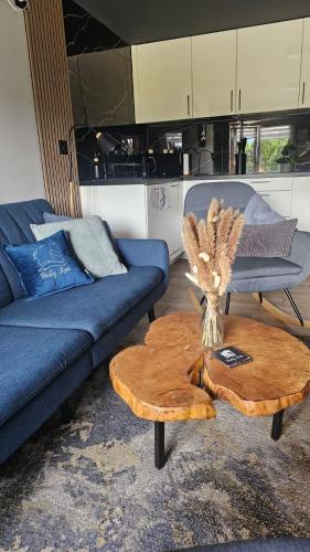 a living room with a blue couch and a wooden table at Czarny Koń i Biały Koń Black Horse & White Horse Apartamenty in Kamienna Góra