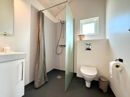 a bathroom with a toilet and a shower at Feriebyens Spahuse in Rødvig