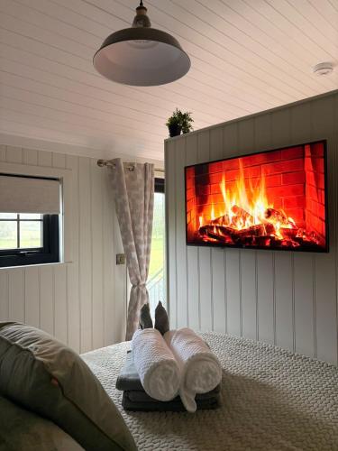 a living room with a fireplace and a tv on the wall at Everwood Escape- The Willow Hut With Private Hot Tub in Dungiven