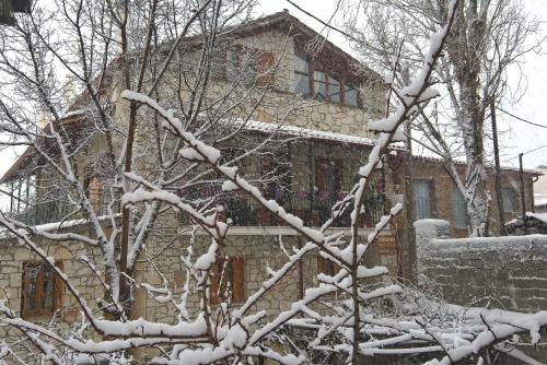 a snow covered tree in front of a house at Patriko in Arachova