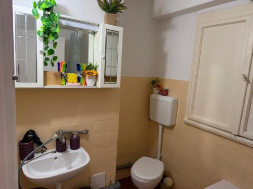a bathroom with a sink and a toilet and a window at Rooms delux muro in Split