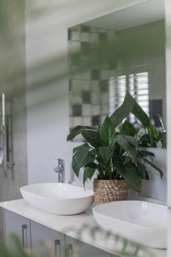 a bathroom with two sinks and a potted plant at Lovemore Retreat in Gqeberha