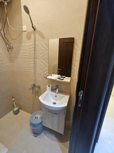 a bathroom with a sink and a toilet and a mirror at أجنحة توليب للشقق المخدومة in Hafr Al-Batin