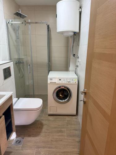 a bathroom with a washing machine and a toilet at Apartmani Ljupko in Pančevo