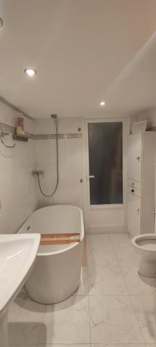 a bathroom with a tub and a sink and a toilet at Cal Pataqué, house in Arnes in Arnés