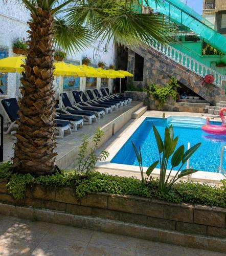 a swimming pool with chairs and a palm tree at Chalet duplex N 7 avec piscine in Bouzareah