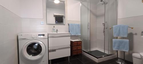 a bathroom with a washing machine and a shower at MariaS Vacation Rental in Obregón