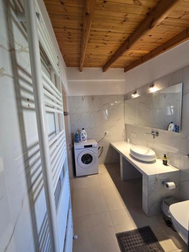 a bathroom with a sink and a washing machine at Lake View Loft 5 in Mursi
