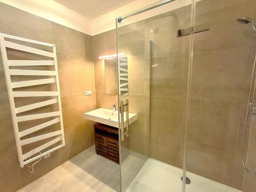 a bathroom with a shower and a sink at Residence Pod Bublavou in Kraslice