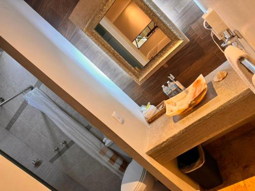 an overhead view of a bathroom with a sink and a mirror at Gran Plaza Hotel Centro Histórico in Iguala de la Independencia