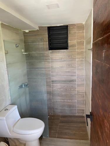 a bathroom with a toilet and a shower at Villa Esperanza in San Cristóbal